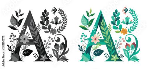 The floral letter a vector art in two color variations featuring creative botanical illustrations and a contemporary design