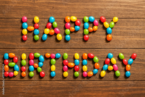 カラフルなキャンディで作られたハッピーバースデーの文字