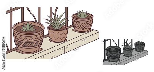 Illustration of three potted succulents displayed on a wooden ledge with ornamental patterns and decorative details.