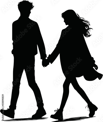 Silhouette of couple walking hand in hand . Ideal for Valentine’s Day, wedding, or love-themed designs.