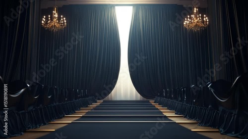 Elegant theatre backdrop revealing glowing light, setting the stage for a performance