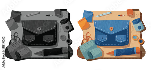 Illustrated vector design showcasing denim inspired fashion accessories and sewing tools on a beige crafting surface