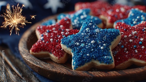 Sparkling red and blue star cookies on a wooden tray with golden fireworks on silverware, celebrating patriotic spirit.