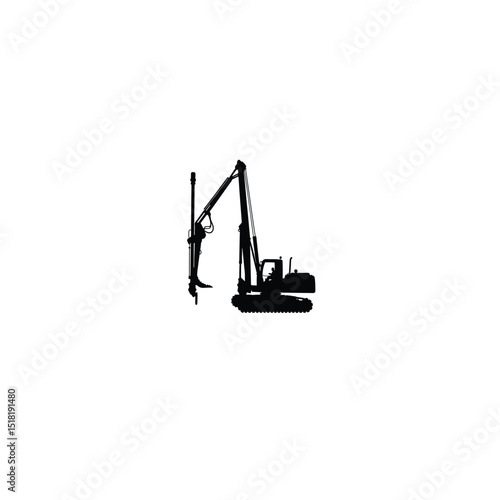 Silhouette of a pile driver machine in action on white background