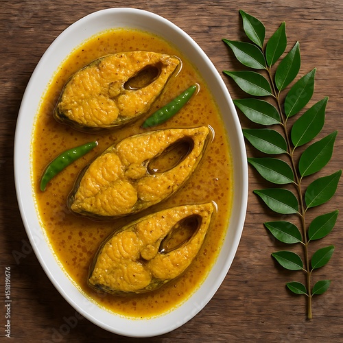 Delicious Indian Hilsa Fish Gravy (Machher Jhol) on Wooden Table