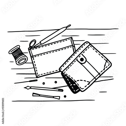 Hand drawn illustration of various tools and materials used for leather craft projects and accessories design.