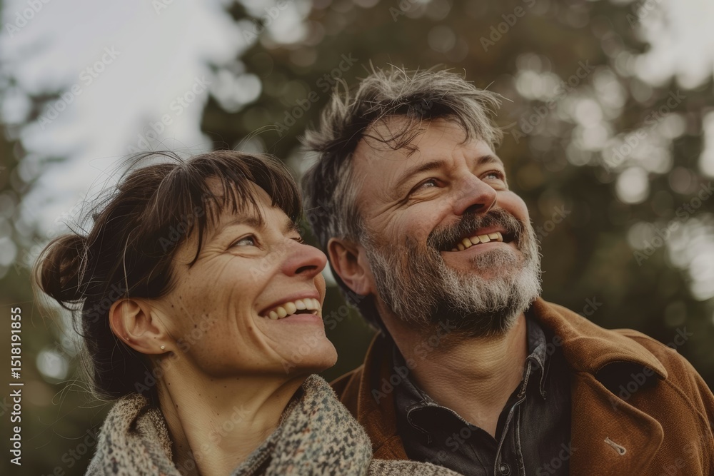 Fototapeta premium Portrait of a cheerful caucasian couple in their 40s expressing their feelings