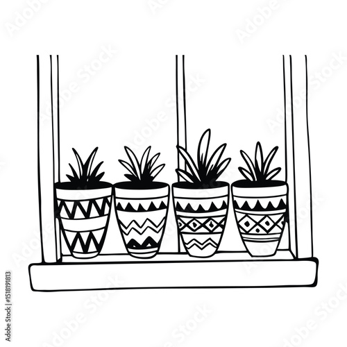 Hand drawn black and white illustration of potted plants inside a window sill for home decor or graphic design projects