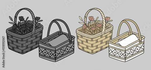 Four hand-drawn picnic baskets in a minimalist style with flowers and towels arranged on a neutral background