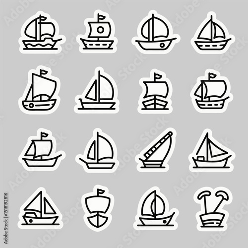 Set of 16 simple outline ship collection icon vector. Perfect for maps, sea infographics, travel guides, and minimal marine design projects.