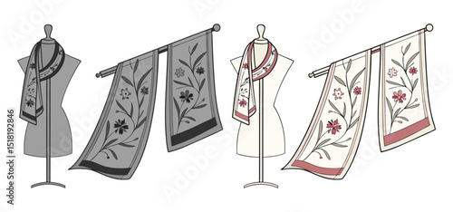 Elegant silk scarves with floral embroidery on display on mannequins in monochrome and color variants for design purposes