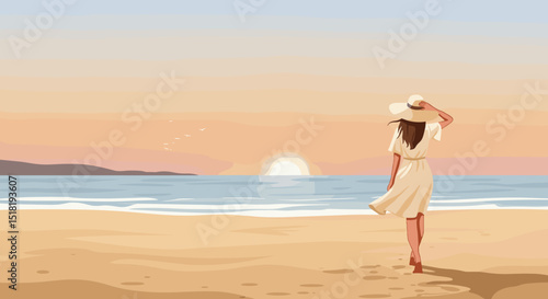 Woman walking on the beach during sunset in a summer dress, for travel agencies, Wellness, yoga, mental practices, about lifestyle, romance 