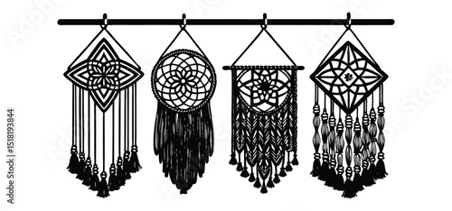 Detailed black and white illustration of four different handcrafted macrame wall hangings decorating a modern bohemian style interior