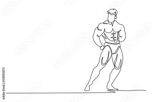 Continuous one line drawing muscular man showing muscles and biceps at fitness gym. Bodybuilder male naked torso abs. Classic bodybuilding competition. Single line design vector graphic illustration