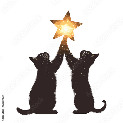 Two cats holding a big star silhouette illustration glowing vector