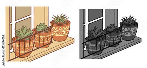 Decorative succulents in terracotta pots on a window sill with a clean modern line art style