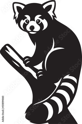 Red panda perched silhouette tree branch, Cute animal resting minimal vector art