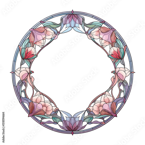 Art nouveau tulip circle frame decorative glass illustration vector
