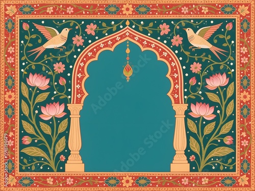 Traditional Thai painting art featuring an ornate vintage gold border and seamless floral patterns for mughal  book cover design