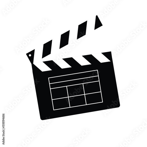 Closed clapper board icon. Videography clapboard silhouette. Film director tool. Camera and action concept. Cinematographic or television industry object. Vector graphic illustration.