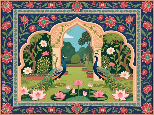 Old window frame with vintage flower and  mughal bird design