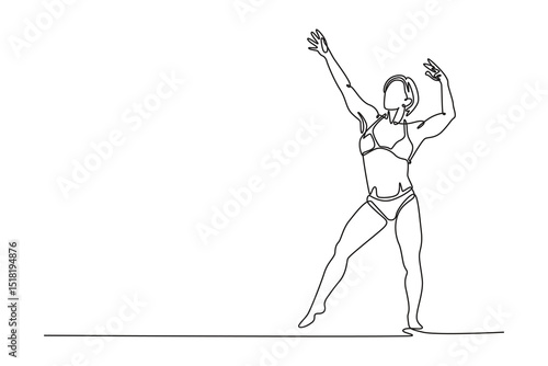 Single continuous line drawing female bodybuilder in archer pose. Powerful sportswoman posing with arm clenching fist. Sports, strength, bodybuilding. One line draw graphic design vector illustration