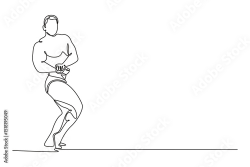 Single one line drawing strong muscular bodybuilder athletic man pumping up muscles on sports competition. Sportsman with ideal physique poses. continuous line draw design graphic vector illustration