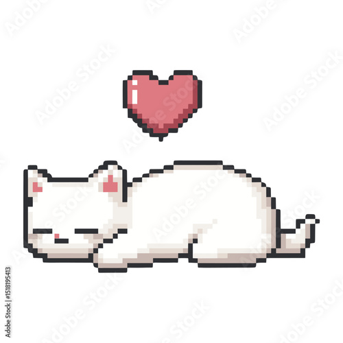 Cute white cat sleepy heart pixel illustration vector