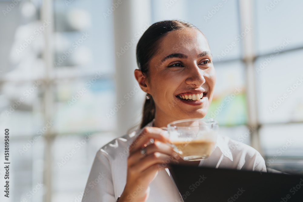 A cheerful businesswoman enjoys a warm coffee in a sunlit office kitchen. Bright and optimistic, she embodies a relaxed professional atmosphere. A cheerful businesswoman enjoys a warm coffee in a sunlit office kitchen. Bright and optimistic, she embodies a relaxed professional atmosphere.