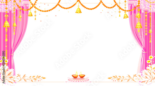 Decorative traditional indian festival frame with hanging bells lamps and pink curtains for celebration