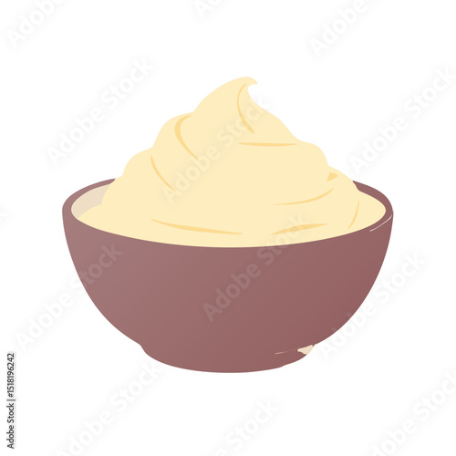 Delicious Creamy Mashed Potatoes or Sour Cream Dollop in a Brown Bowl - Flat Vector Illustration