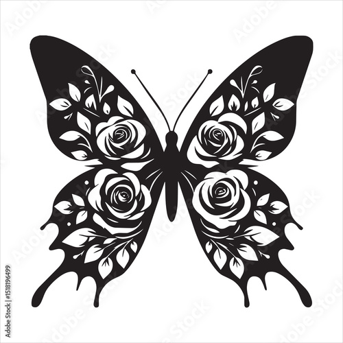 Elegant black and white butterfly illustration adorned with rose and leaf floral design
