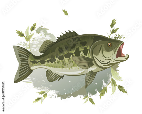 Dynamic Largemouth Bass Fishing Illustration: A detailed vector illustration of a largemouth bass with an open mouth, set against a natural, abstract background with grass elements, ideal for fishing 