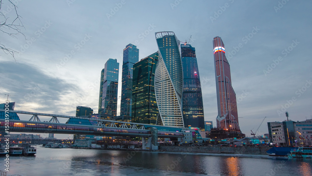 Fototapeta premium Skyscrapers International Business Center City day to night timelapse hyperlapse, Moscow, Russia