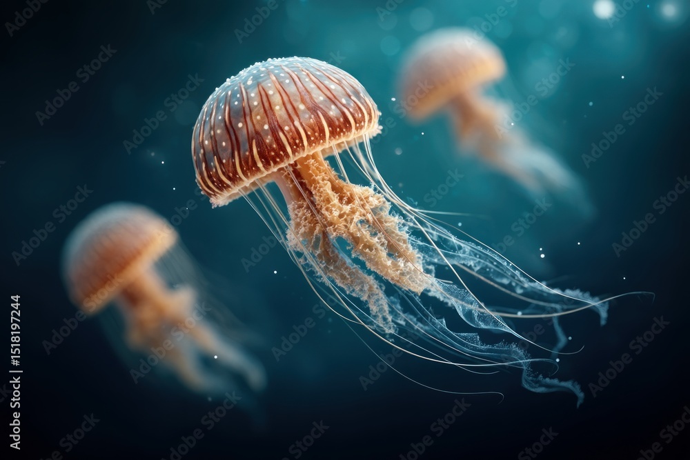 Fototapeta premium Glowing jellyfish swim through dreamy underwater scene ethereal environment surreal viewpoint