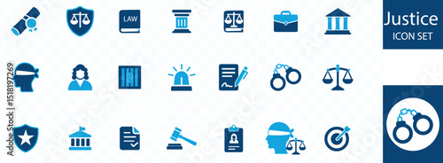 Justice icon set. justice law, court legal, lawyer, judgment, authority, criminal and prison icons. Vector illustration
