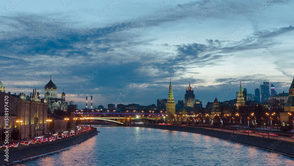Obraz premium Ensemble of Moscow Kremlin and Moskva-City business center view across Moskva river at a winter day to night timelapse hyperlapse