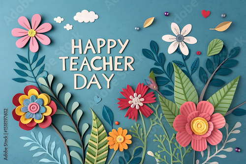 Happy teacher day paper flowers greeting card