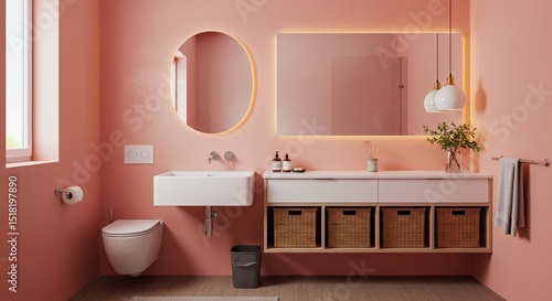 Modern Pink Bathroom with Oval Mirror and Woven Baskets