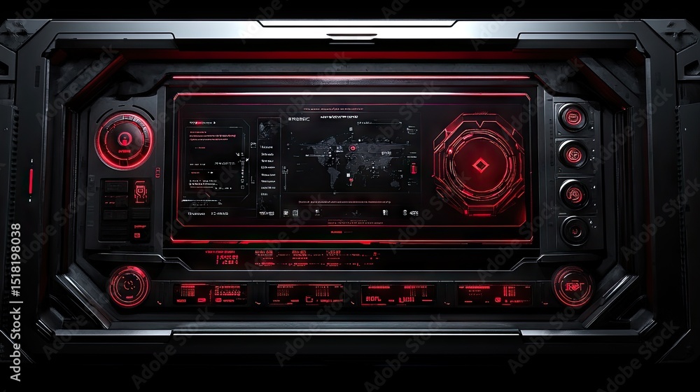 Fototapeta premium Futuristic control panel with glowing red displays.