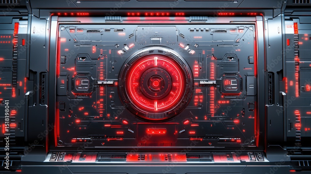 Fototapeta premium Futuristic panel with glowing red circuitry.