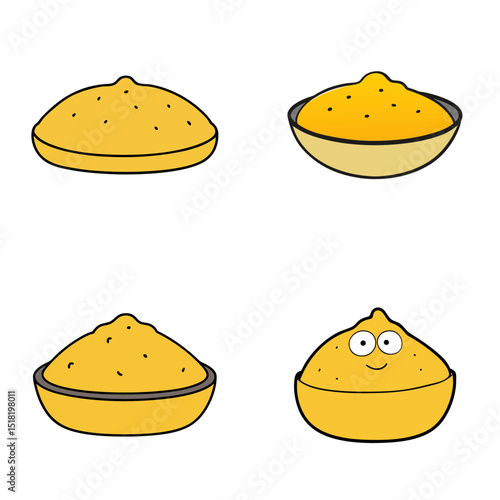 Four cartoon images of yellow mounds in various states of containment and expression on a white background