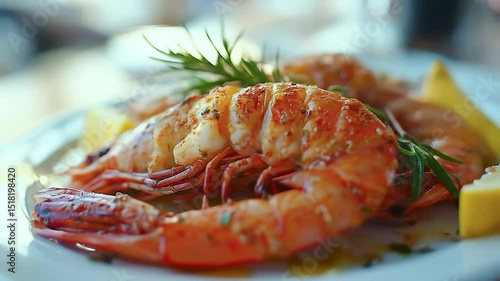 Grilled Jumbo Shrimp Platter: A platter piled high with grilled jumbo shrimp, glistening with oil and topped with fresh rosemary and lemon wedges, evoking a sense of coastal dining.