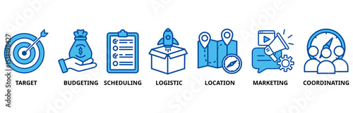 Event management icon set illustration contain target, budgeting, scheduling, logistic, location, marketing and coordination.