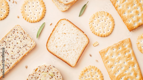 Diet breads assortment with seed loaf on pastel background, copy space