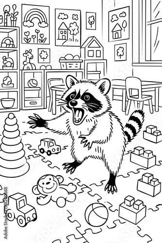 Playful Raccoon Mess Scene Line Art Doodle Illustration