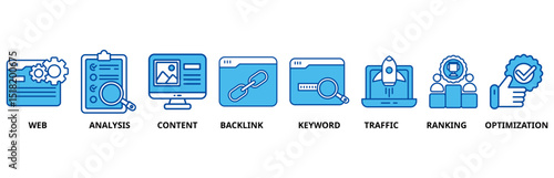 SEO icon set illustration contain WEB, analysis, content, backlink, keyword, traffic, ranking and optimization.