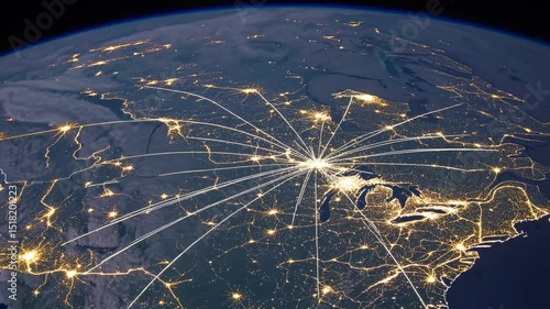 Airplane routes are growing from chicago, illinois, illuminating the night sky over the united states