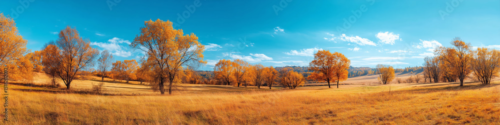 Naklejka premium Autumn landscape with golden trees and blue sky in tranquil countryside