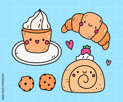Kawaii pastry - cupcake, croissant, chocolate chip cookies, cake roll. Vector hand-drawn illustration in doodle style. Cute characters. Perfect for cards, decorations, stickers, menu, various designs.